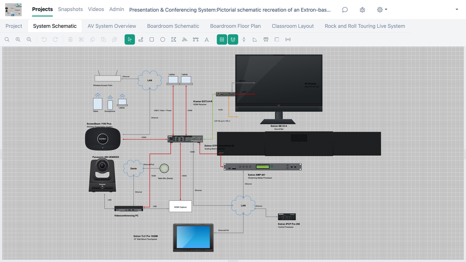 The drawing interface: product browser, drawing area, products list and properties