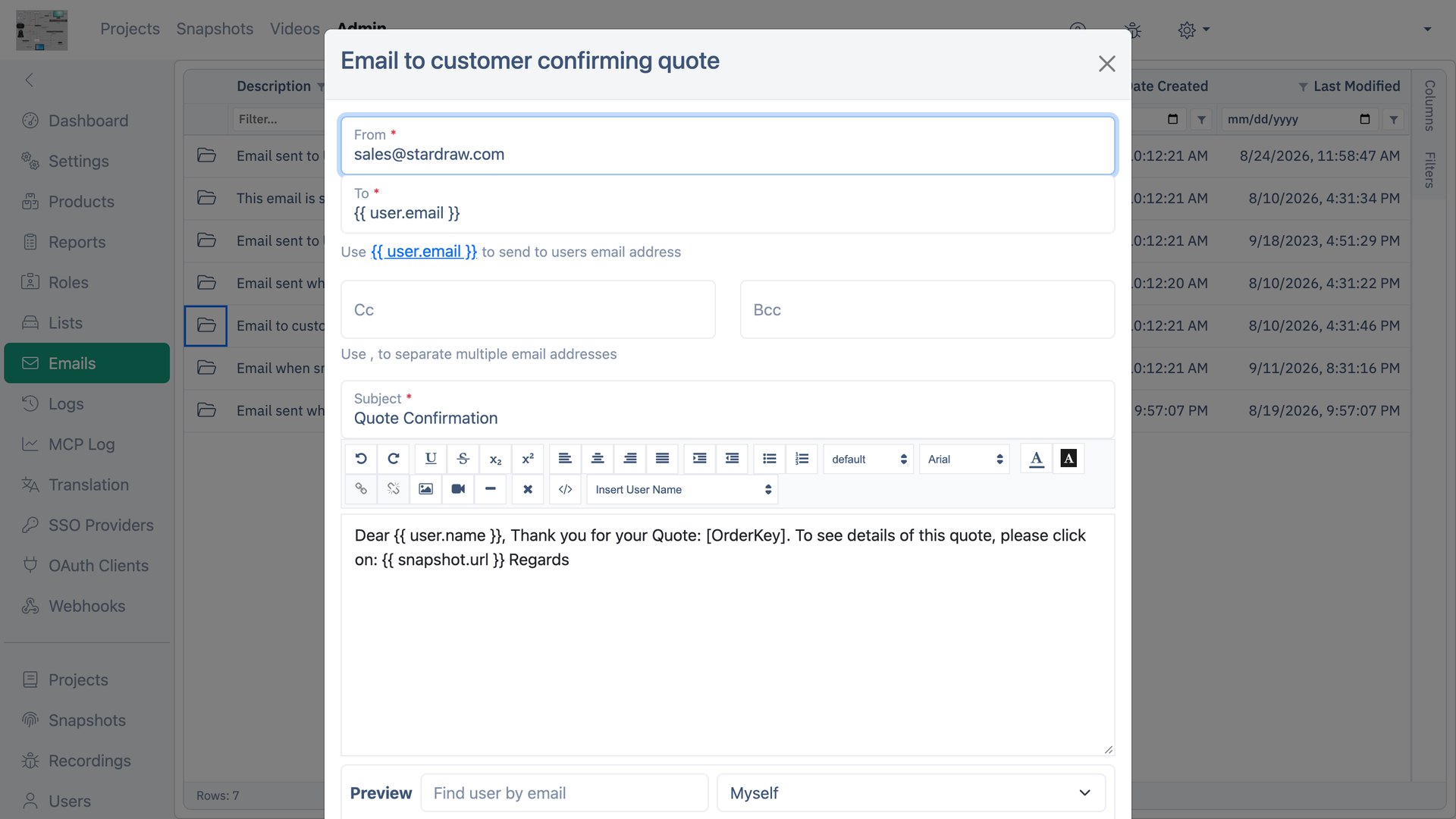 An email template open in the editor, with substitution fields in the subject and body