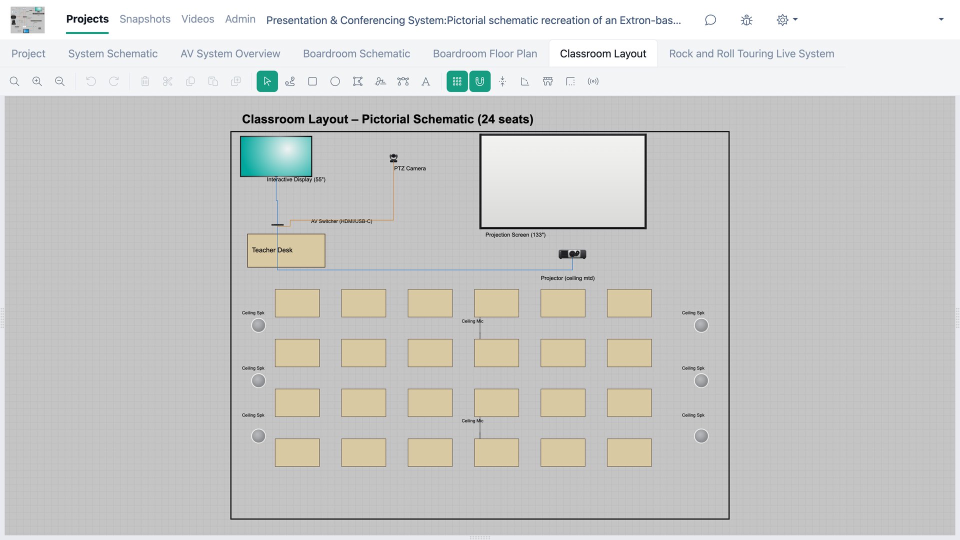 A project open on one of its drawings, with the product browser, products list and properties